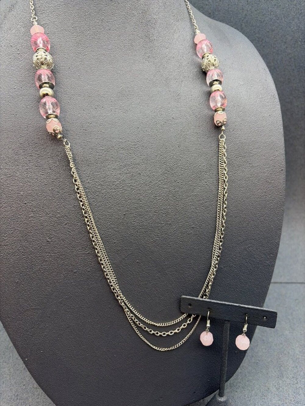 Pink Beaded Necklace Earrings Set 44 In Silver Chains Faceted Filagree Barbie